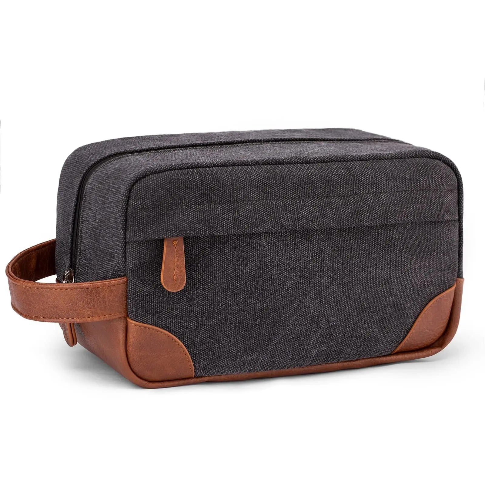 Men's toiletry large capacity travel bag in dark gray canvas with brown leather accents and handle