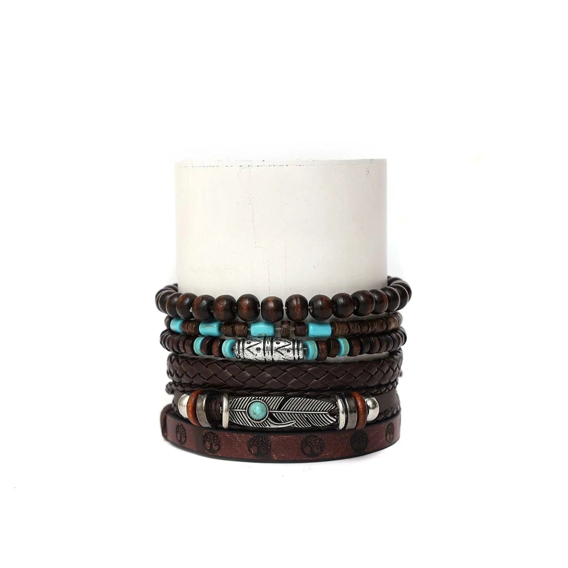 Unisex multi-layer peacock feather bracelet set with leather, wood beads, and alloy accents in boho chic style