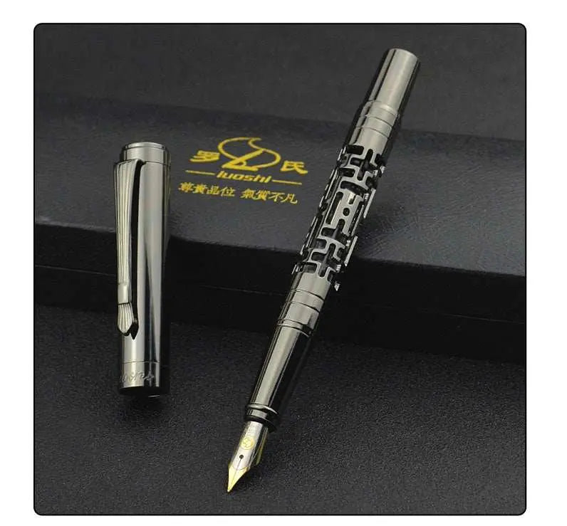 Luxury fountain pen with metal shell, iridium nib, and intricate design, displayed with cap on black box