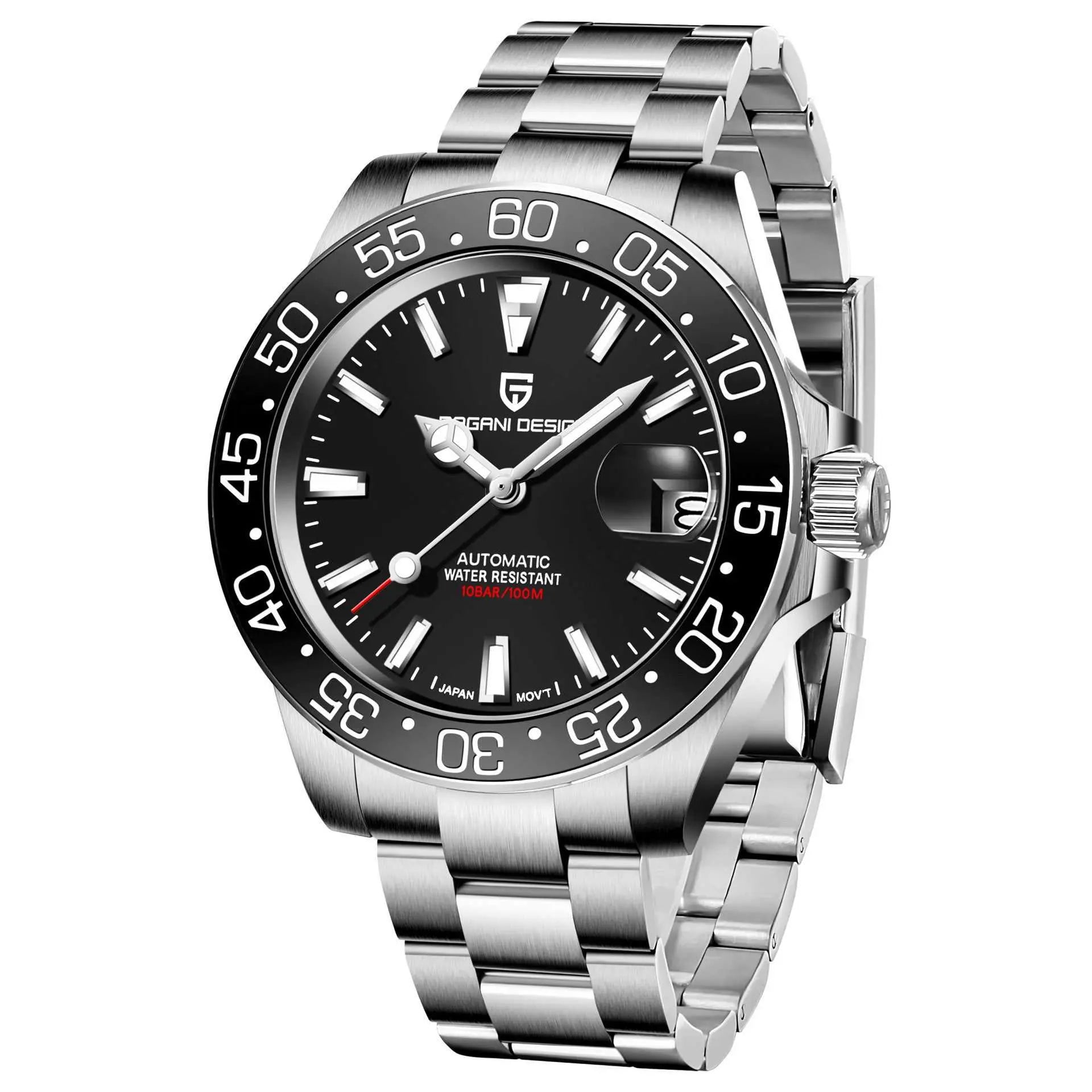 Luxury waterproof mechanical men's watch with stainless steel band and black dial