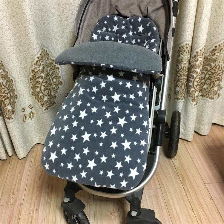 Winter baby buggy sleeping bag in gray with white star pattern, plush lamb cashmere lining, and envelope style fit for stroller.