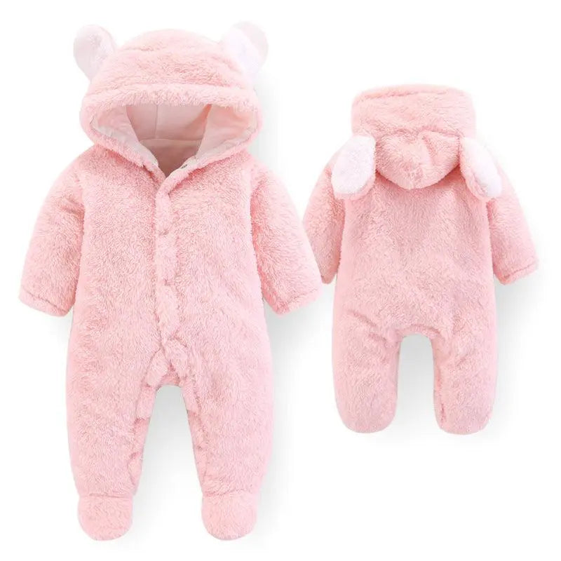 Pink fluffy baby winter jumpsuit with hood and ears, front and back view