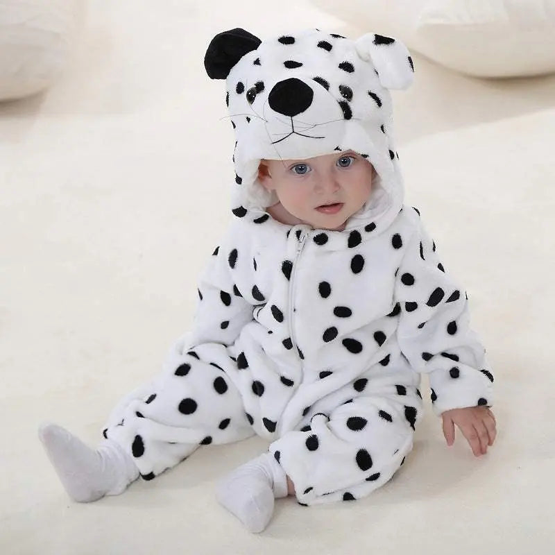 Baby wearing warm white and black spotted flannel cotton romper with hood featuring bear ears, perfect for outdoor autumn and winter use