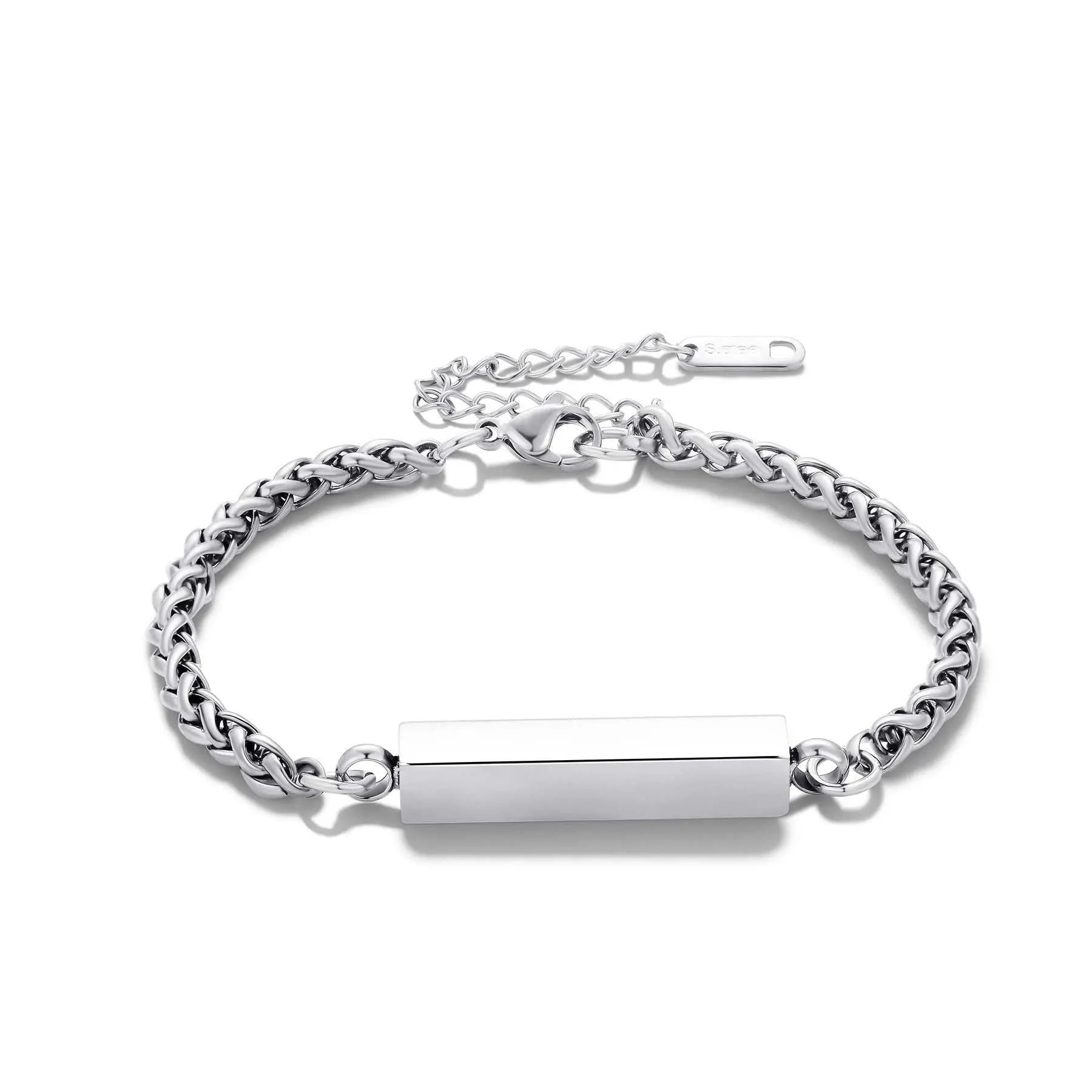 Stainless steel rectangular column bracelet with chain link and adjustable clasp in silver titanium steel unisex design