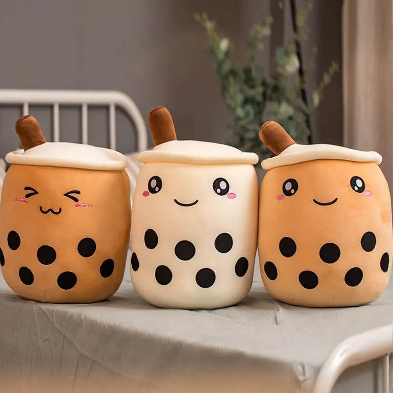 Soft plush boba stuffed toy bubble tea pillows with cute embroidered faces and straws, available in multiple sizes and styles