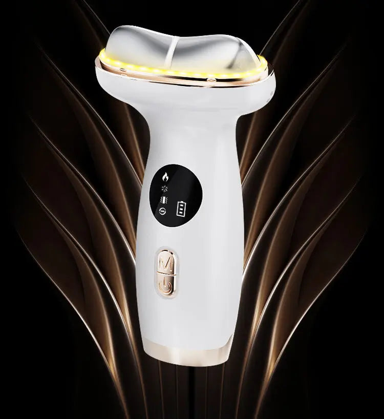 White electronic device with a gold accent on a dark background