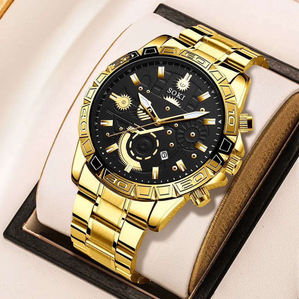 Men's gold coloured stainless steel business watch with black dial and matching gold bracelet gift set