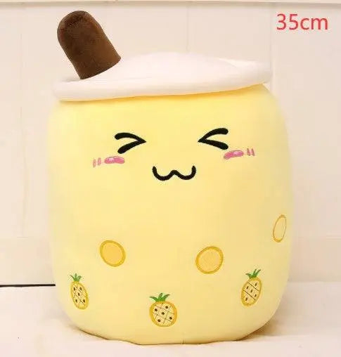 35cm yellow plush boba stuffed toy pillow with squinted eyes and pineapple decoration