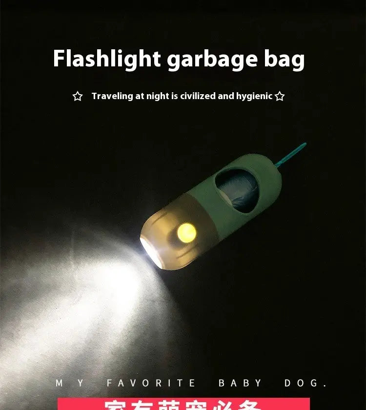 Flashlight garbage bag with a light on a dark background