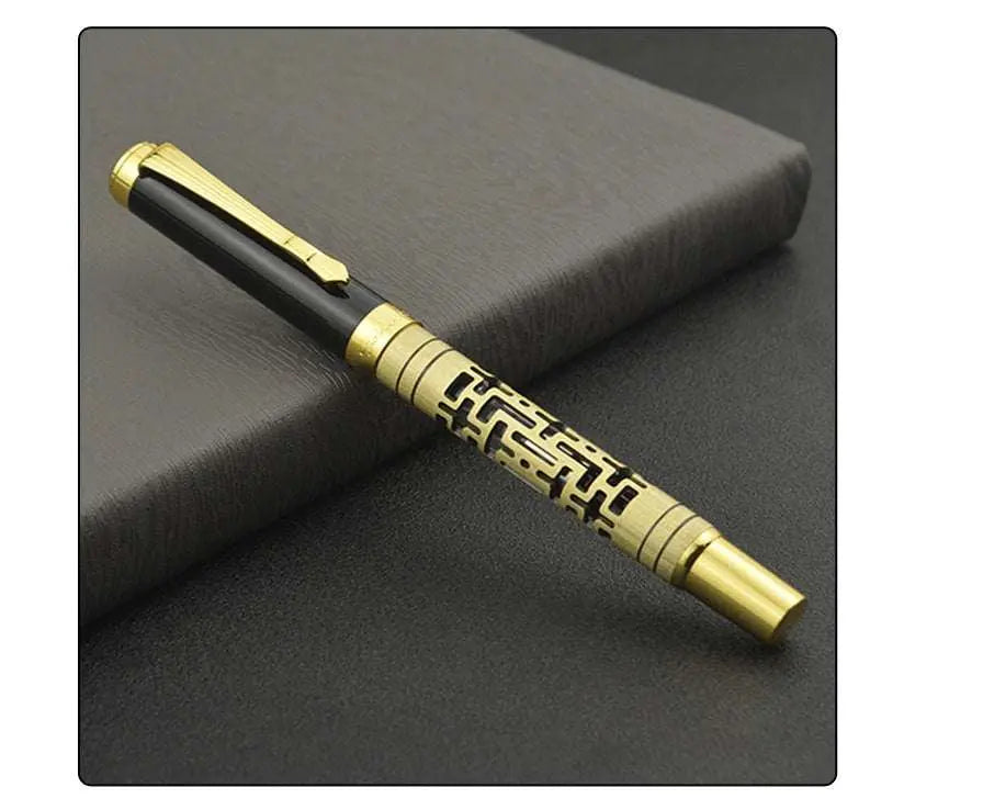 Luxury fountain pen with metal shell, iridium nib, and rotating ink supply in yellow bronze finish.
