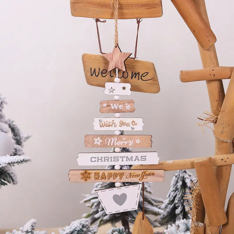 Rustic wooden Christmas tree hanging decoration with festive holiday messages and star pendant