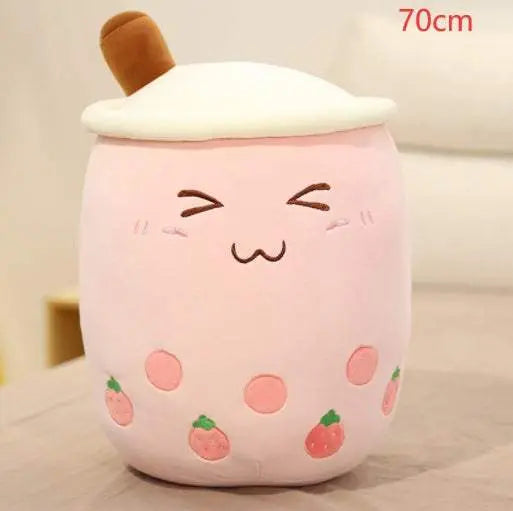 70cm plush boba stuffed toy pillow with embroidered cute face and strawberry design