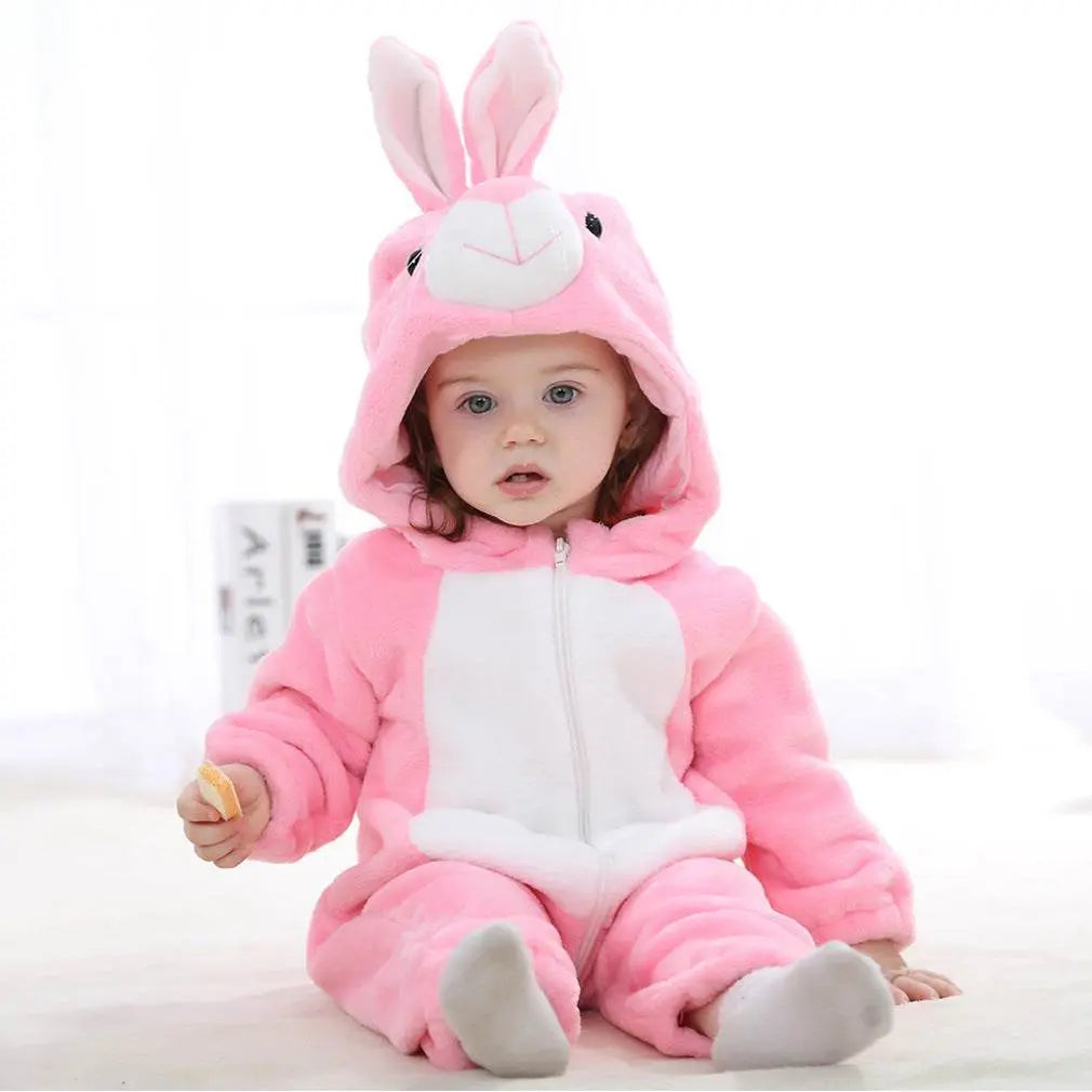 Baby wearing pink bunny hooded outdoor romper soft cotton flannel jumpsuit for winter and autumn