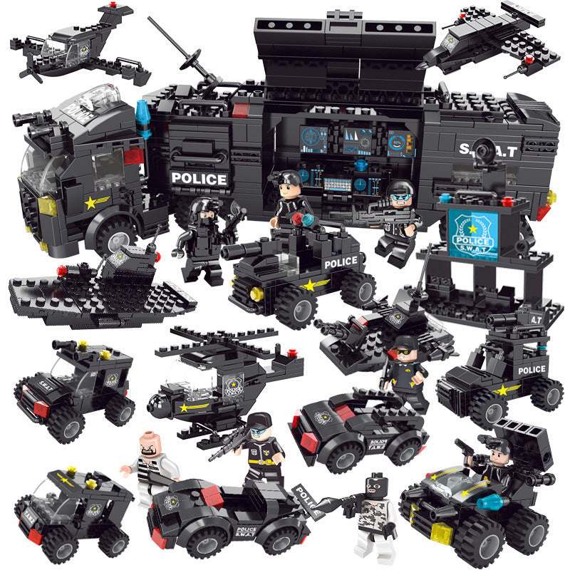 Mobile Police Station building block series with helicopters, command cars, tanks, and mini police figures set of 400-800 pieces.