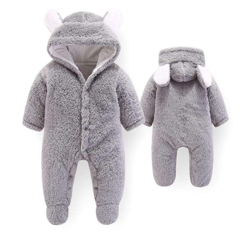Fluffy gray baby winter jumpsuit with hood and ears, soft and warm infant clothing for cold weather
