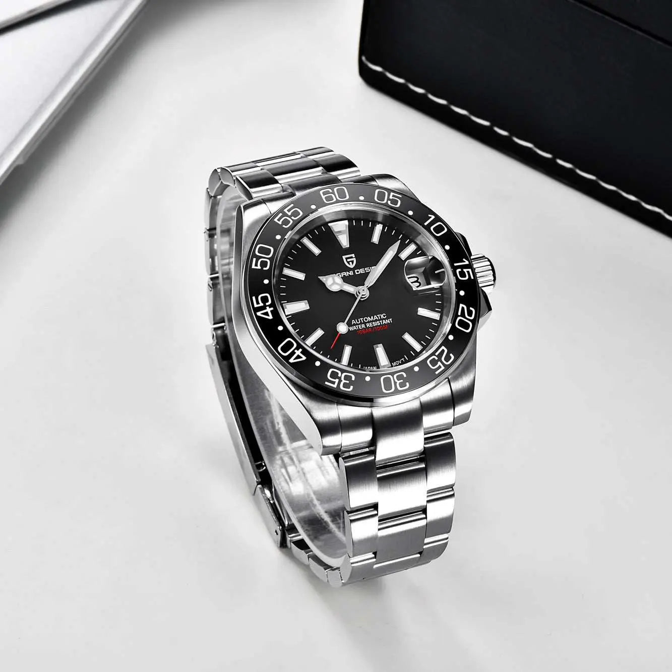 Luxury waterproof mechanical watch with stainless steel band and black dial