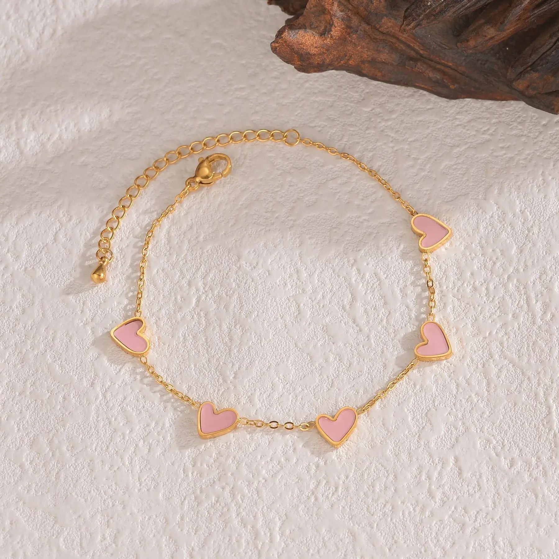 Gold bracelet with pink love heart charms for women fashion accessory