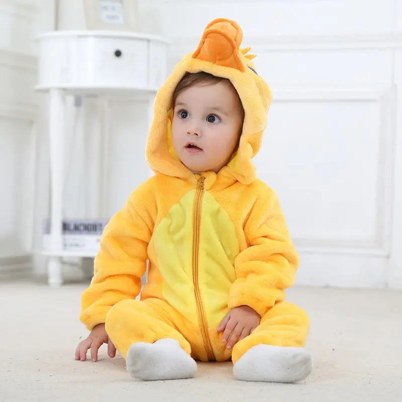 Baby wearing warm yellow outdoor romper with hood, cozy flannel cotton jumpsuit for autumn and winter