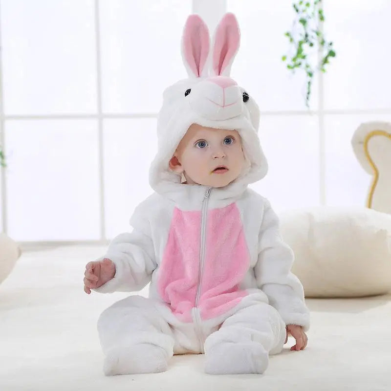 Baby wearing soft flannel cotton outdoor romper with bunny hood for winter and autumn
