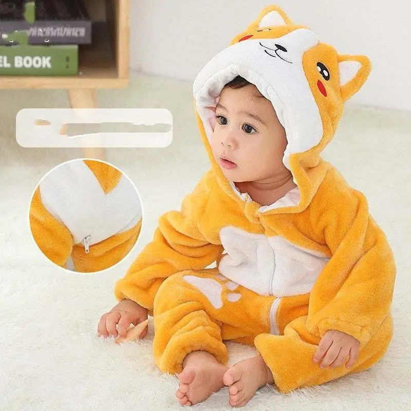 Baby wearing orange flannel winter outdoor romper with animal hood sitting on floor