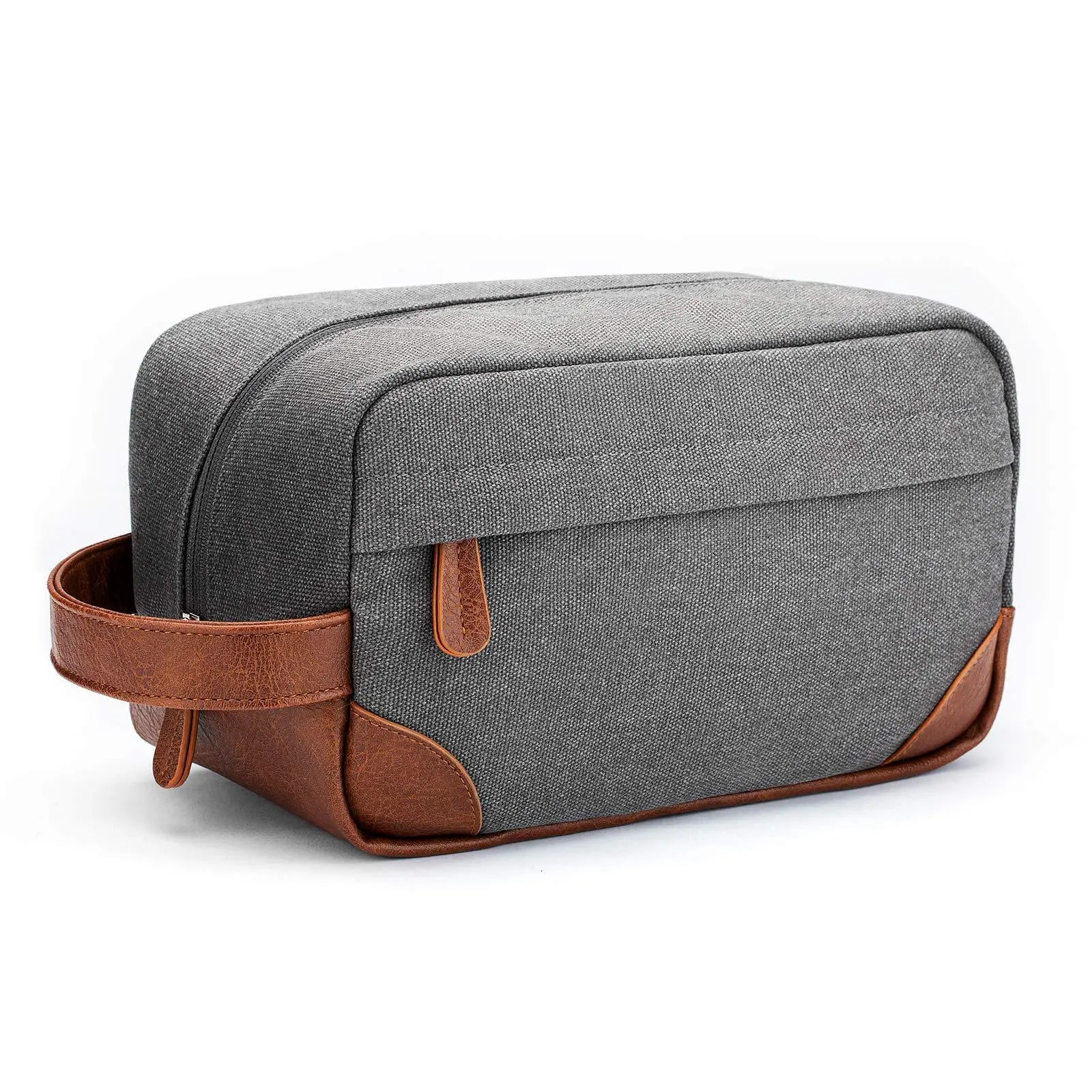 Men's toiletry large capacity travel bag in gray canvas with brown leather accents and handle