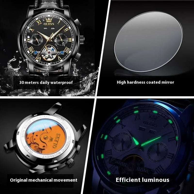 Waterproof luminous multifunctional automatic mechanical watch for men with black leather strap and blue dial showing illuminated hands and mechanical movement
