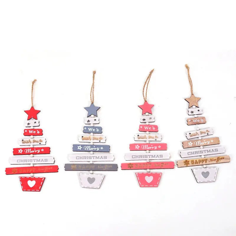 Wooden Christmas tree hanging decorations in red, gray, pink, and natural wood colors with festive text and rustic design.