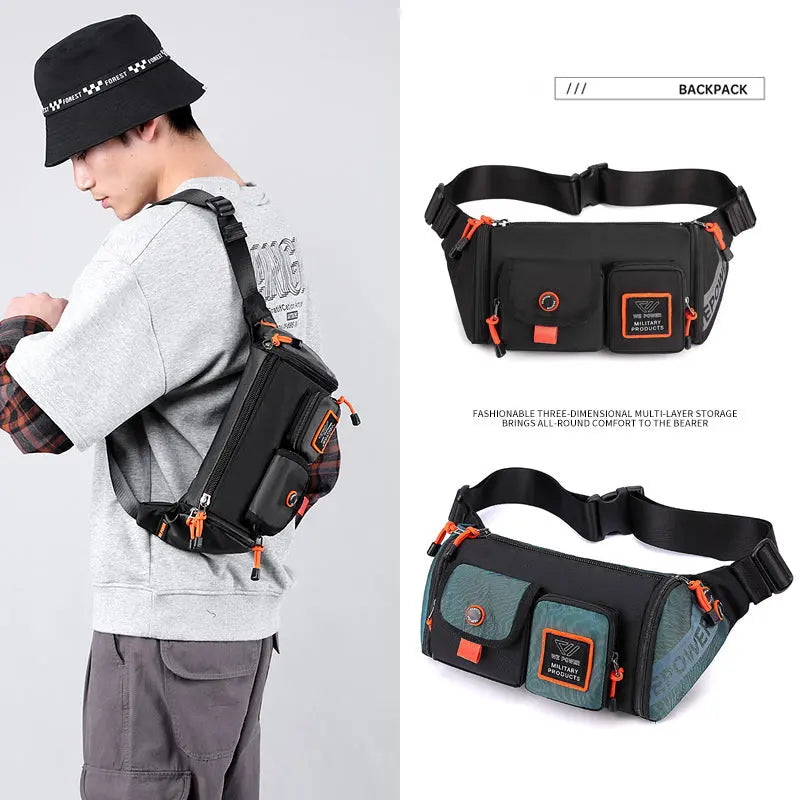 Running waist bag in black with orange zippers, worn by a person and shown in front and side views, designed for outdoor activities like running, climbing, and hiking