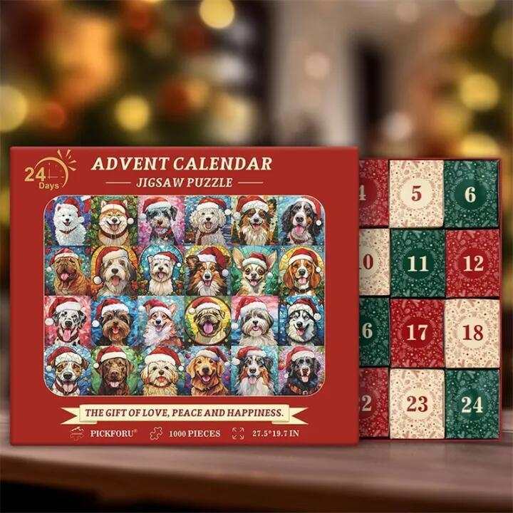 Christmas Advent Calendar dog puzzle with 1000 pieces in red box and numbered holiday design