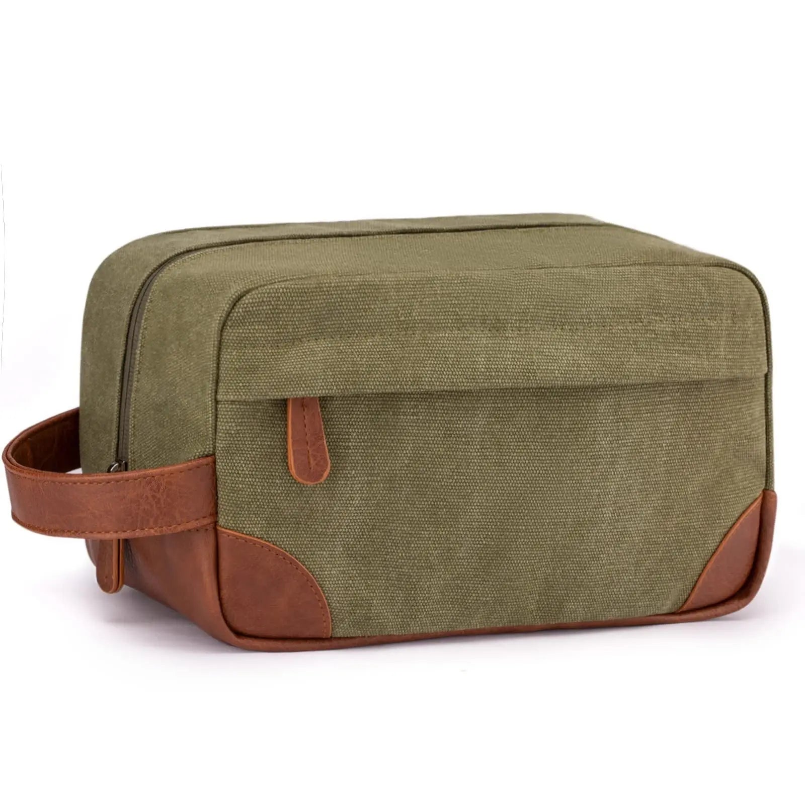 Men's toiletry large capacity travel bag in army green canvas with brown leather accents and handle