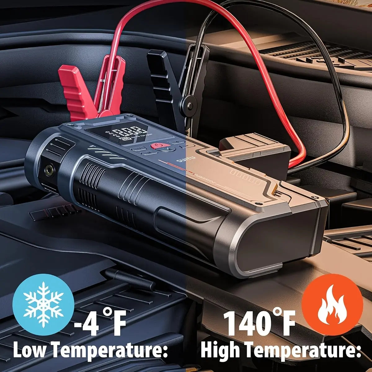 Car jump starter with temperature indicators on a car dashboard