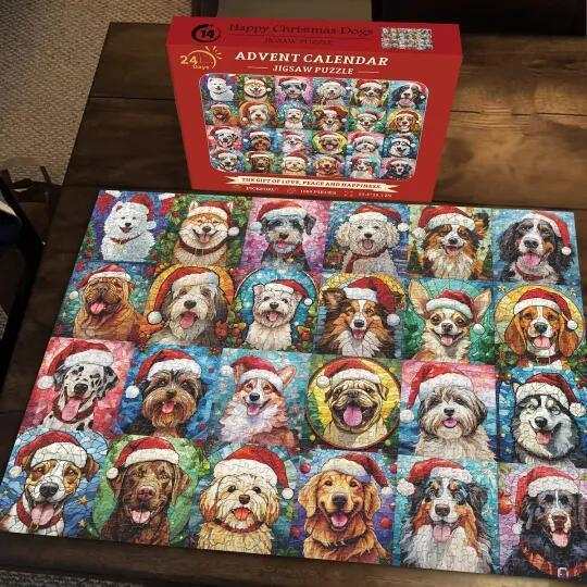 Christmas Advent Calendar puzzle featuring festive dogs wearing Santa hats, made of high-quality paper, 33x24 cm size