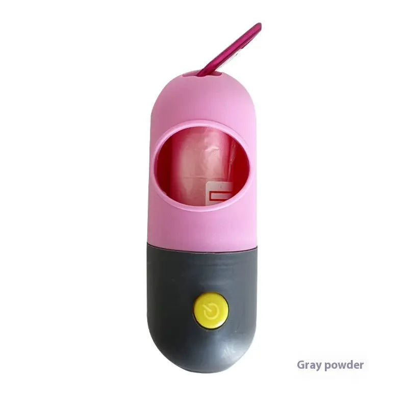 Pink and gray pet water bottle with a yellow button on a white background
