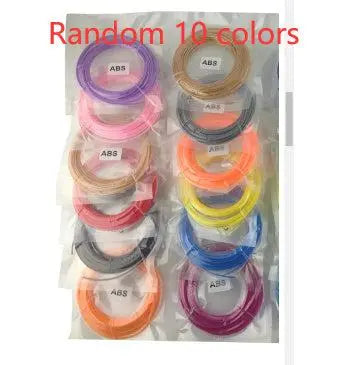 Assorted 3D printing pen filament spools in 10 vibrant colors, ABS material, 1.75mm diameter, 10m each for creative 3D pen projects