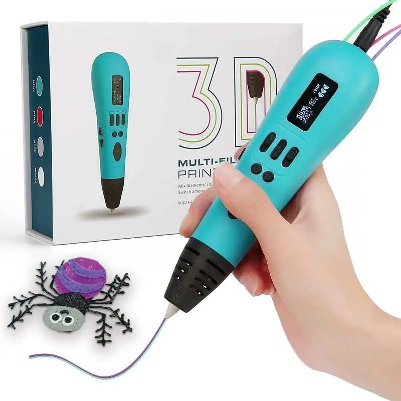 Blue 3D printing pen with OLED screen and multicolor filament creating spider art next to product box