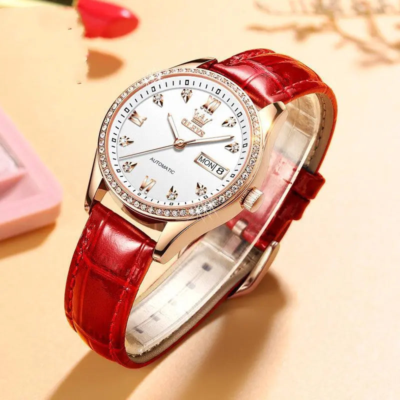 OLEVS Women's Watch with red leather strap, white dial, automatic mechanical movement, and calendar display