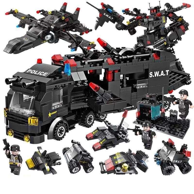 Mobile Police Station building block series with SWAT truck, helicopters, vehicles, and mini police figures for creative play