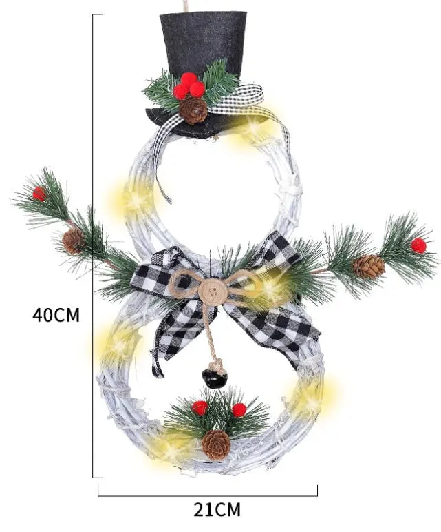 40cm Christmas wreath snowman decoration with LED lights, pinecones, berries, and checkered bow for holiday door or wall hanging