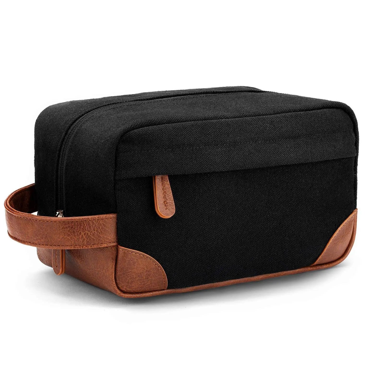Men's toiletry large capacity travel bag in black canvas with brown leather accents and handle