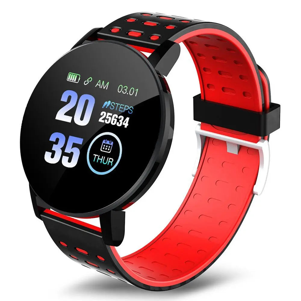 Bluetooth Smart Watch with 1.3-inch LED display, heart rate monitor, fitness tracking, and vibration alerts, featuring a black and red TPU strap.