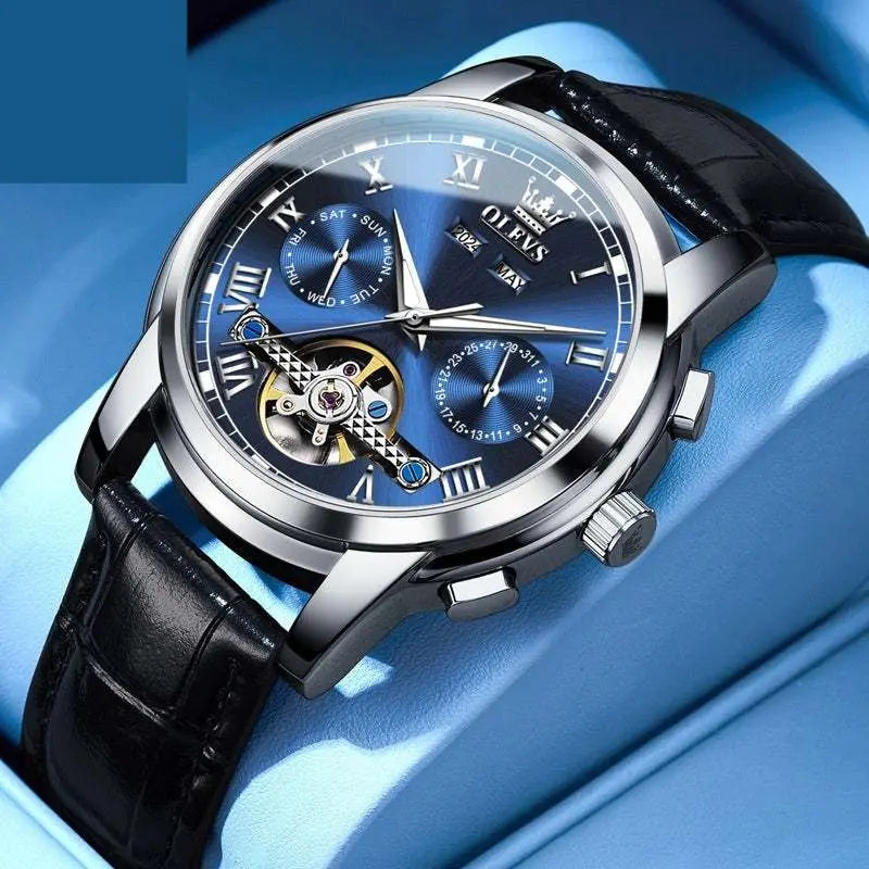 Waterproof luminous multifunctional automatic mechanical men's watch with blue dial and black leather strap
