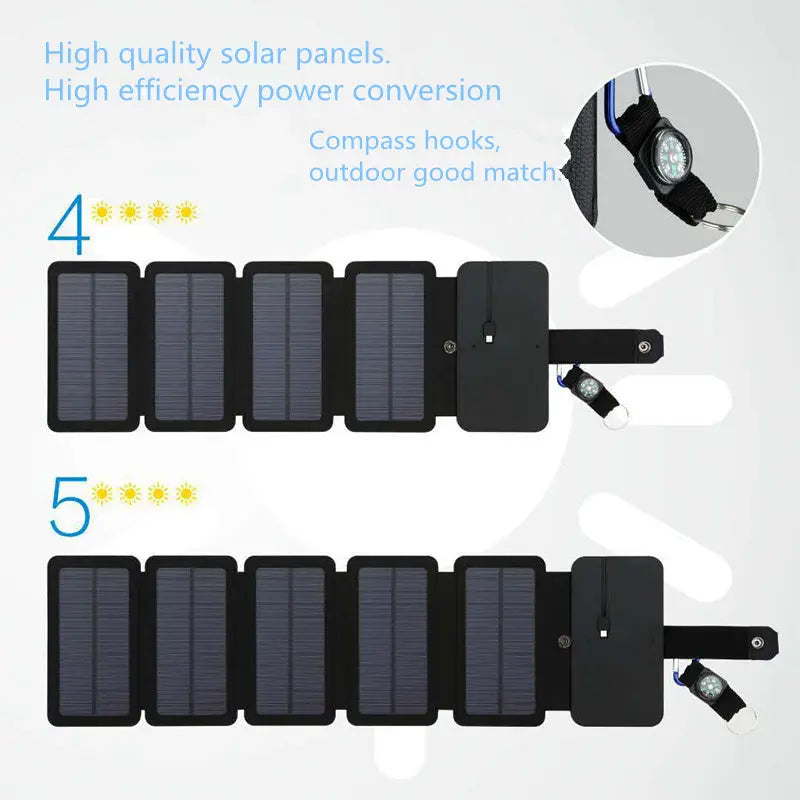 Outdoor folding solar panel charger with compass hook and USB output for portable device power supply