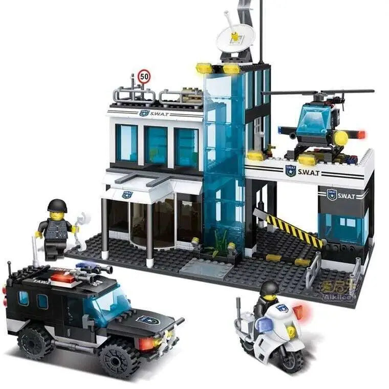 Mobile Police Station building block series with SWAT figures, vehicles, helicopter, and command center playset