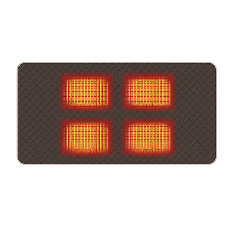 Rectangular heating pad with four illuminated red lights on a white background