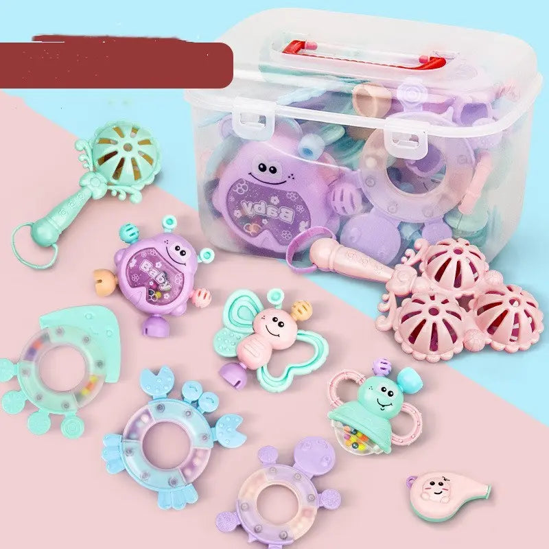 Baby developmental toy set with colorful sensory and coordination play items for infants 0-3 years in a transparent storage box