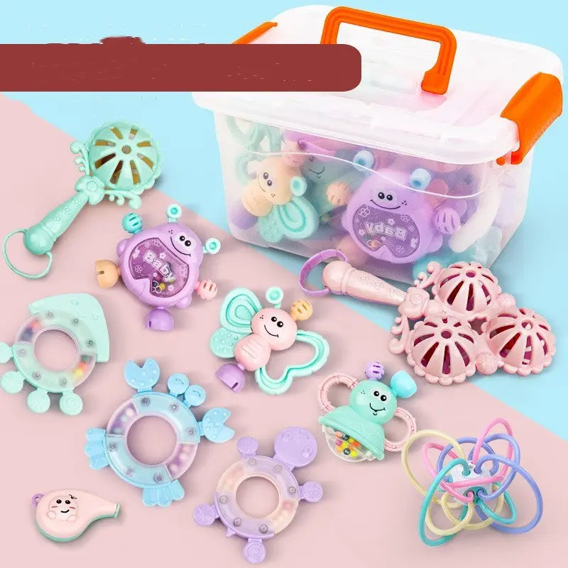 Baby developmental toy sensory playset with colorful plastic rattles and interactive shapes for infants 0-3 years
