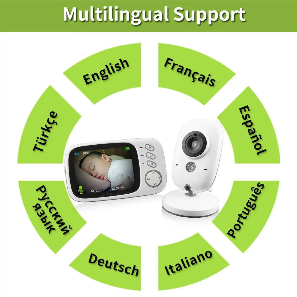 3.2-inch digital baby monitor with wireless two-way intercom, night vision, temperature display, built-in music, and multi-language support