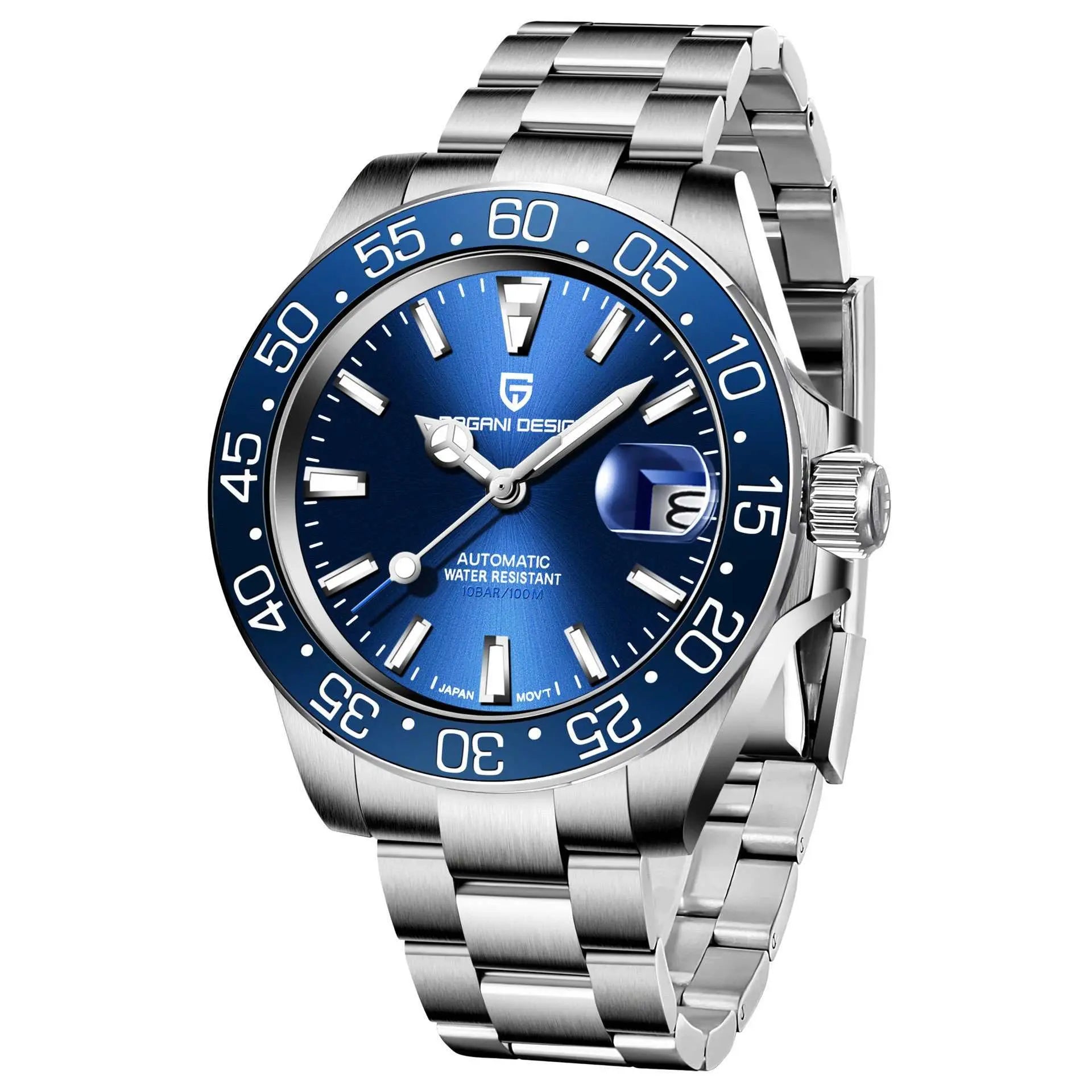 Luxury waterproof mechanical men's watch with blue dial, sapphire crystal, luminous hands, calendar, and stainless steel bracelet