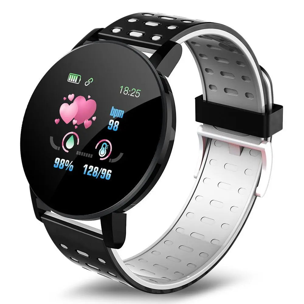 Round Bluetooth smart watch with heart rate monitor and black perforated TPU strap showing LED display with fitness data