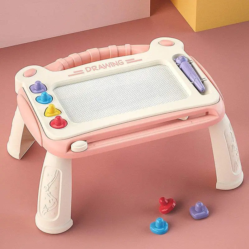 Toddler magnetic drawing board with colorful stamps and pen for creative learning and sketching.